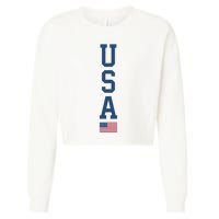 USA American Flag Vertical Text Patriotic 4th Of July Cropped Pullover Crew