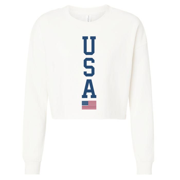 USA American Flag Vertical Text Patriotic 4th Of July Cropped Pullover Crew