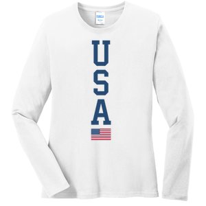 USA American Flag Vertical Text Patriotic 4th Of July Ladies Long Sleeve Shirt