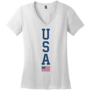 USA American Flag Vertical Text Patriotic 4th Of July Women's V-Neck T-Shirt