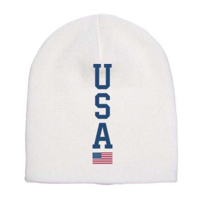 USA American Flag Vertical Text Patriotic 4th Of July Short Acrylic Beanie