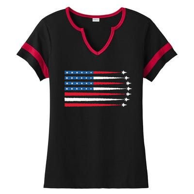 Usa American Flag Fighter Jets Patriotic Ladies Halftime Notch Neck Tee