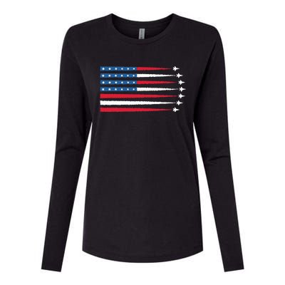 Usa American Flag Fighter Jets Patriotic Womens Cotton Relaxed Long Sleeve T-Shirt