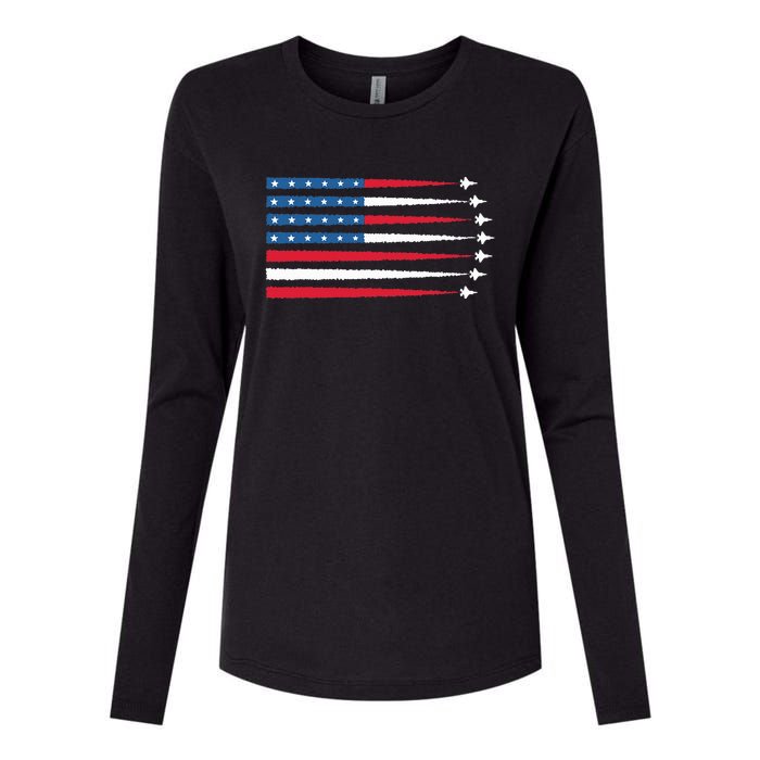 Usa American Flag Fighter Jets Patriotic Womens Cotton Relaxed Long Sleeve T-Shirt