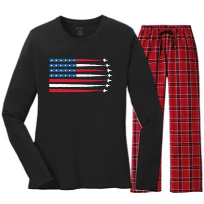 Usa American Flag Fighter Jets Patriotic Women's Long Sleeve Flannel Pajama Set 