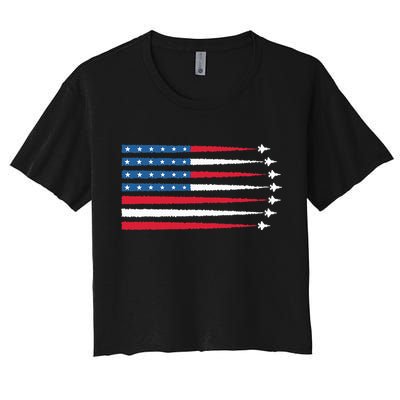 Usa American Flag Fighter Jets Patriotic Women's Crop Top Tee