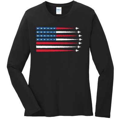 Usa American Flag Fighter Jets Patriotic Ladies Long Sleeve Shirt