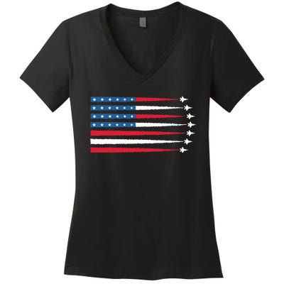 Usa American Flag Fighter Jets Patriotic Women's V-Neck T-Shirt