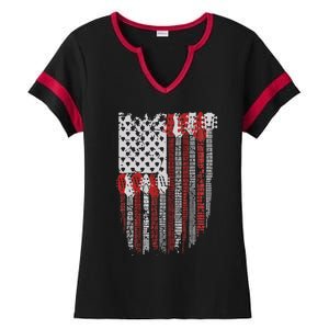 Usa American Flag Guitar Musician 4th Of July Guitarists Ladies Halftime Notch Neck Tee