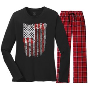 Usa American Flag Guitar Musician 4th Of July Guitarists Women's Long Sleeve Flannel Pajama Set 