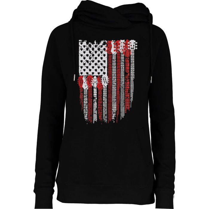 Usa American Flag Guitar Musician 4th Of July Guitarists Womens Funnel Neck Pullover Hood