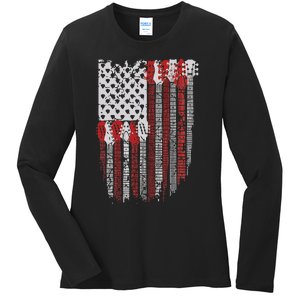 Usa American Flag Guitar Musician 4th Of July Guitarists Ladies Long Sleeve Shirt