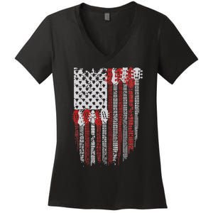 Usa American Flag Guitar Musician 4th Of July Guitarists Women's V-Neck T-Shirt