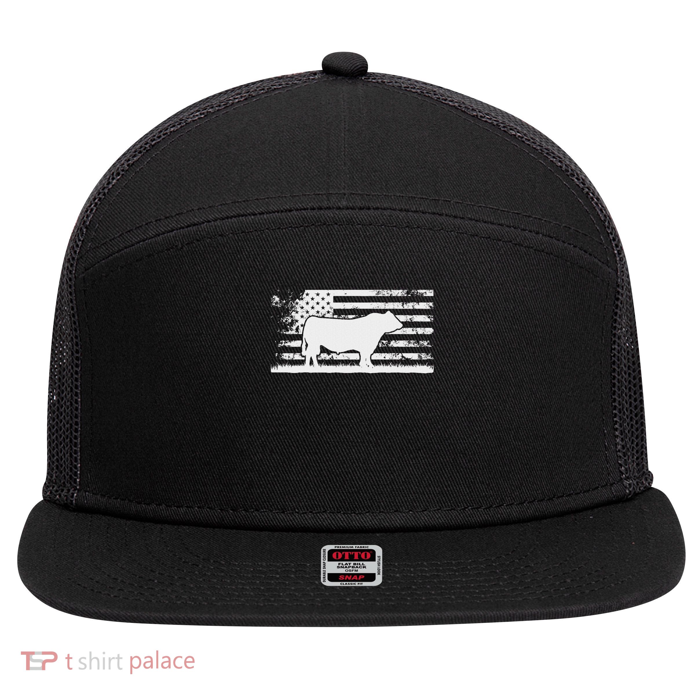 Usa American Flag America Cow Black Angus Rancher 7 Panel Mesh Trucker Snapback Hat