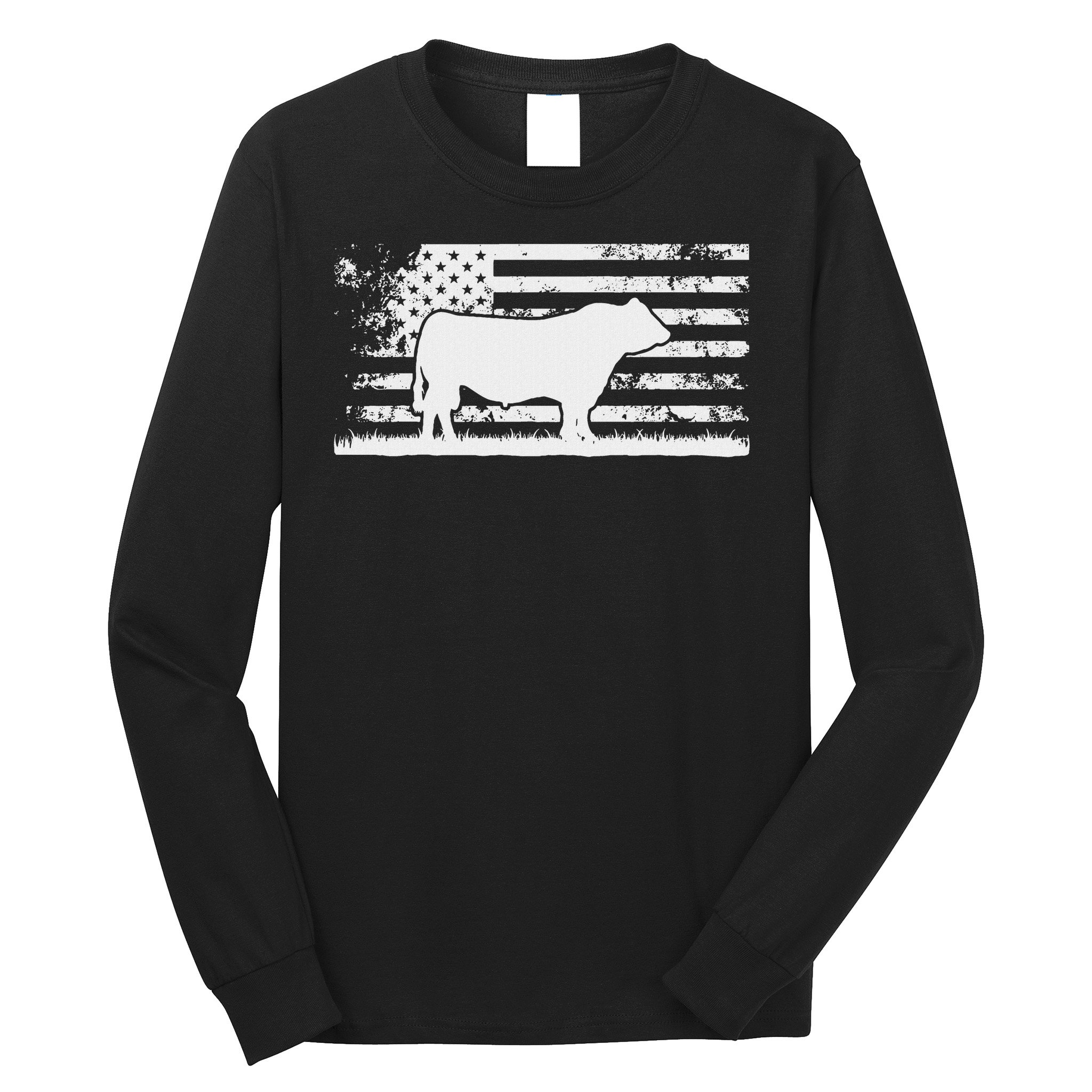 Usa American Flag America Cow Black Angus Rancher Long Sleeve Shirt