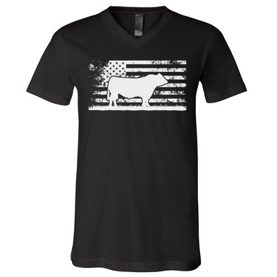 Usa American Flag America Cow Black Angus Rancher V-Neck T-Shirt