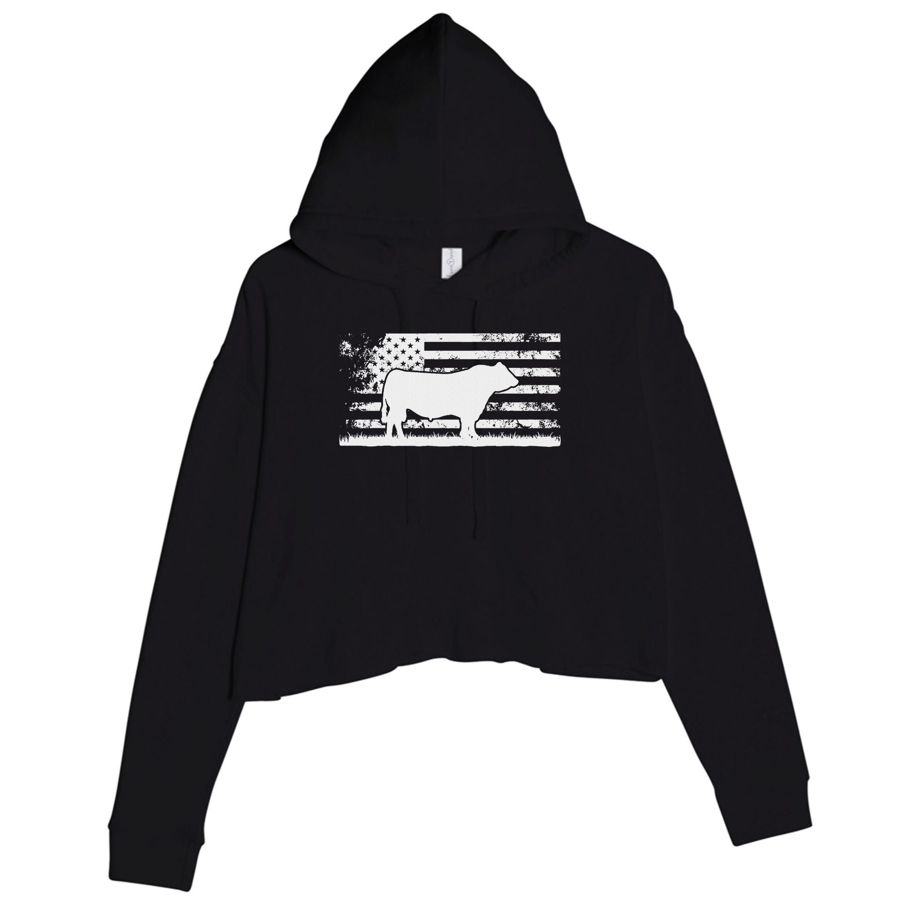 Usa American Flag America Cow Black Angus Rancher Crop Fleece Hoodie