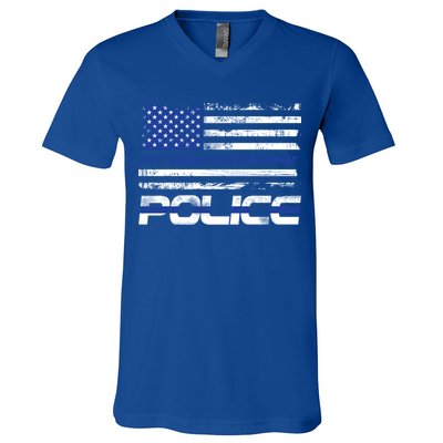 Usa American Flag Thin Blue Line Police Gift V-Neck T-Shirt