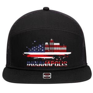 Usa American Flag Cityscape Funny Gift Indianapolis Indiana Skyline Gift 7 Panel Mesh Trucker Snapback Hat