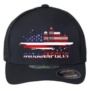 Usa American Flag Cityscape Funny Gift Indianapolis Indiana Skyline Gift Flexfit Unipanel Trucker Cap