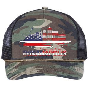 Usa American Flag Cityscape Funny Gift Indianapolis Indiana Skyline Gift Retro Rope Trucker Hat Cap