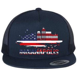 Usa American Flag Cityscape Funny Gift Indianapolis Indiana Skyline Gift Flat Bill Trucker Hat