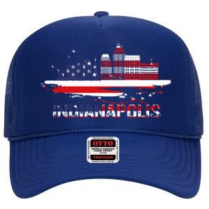 Usa American Flag Cityscape Funny Gift Indianapolis Indiana Skyline Gift High Crown Mesh Back Trucker Hat