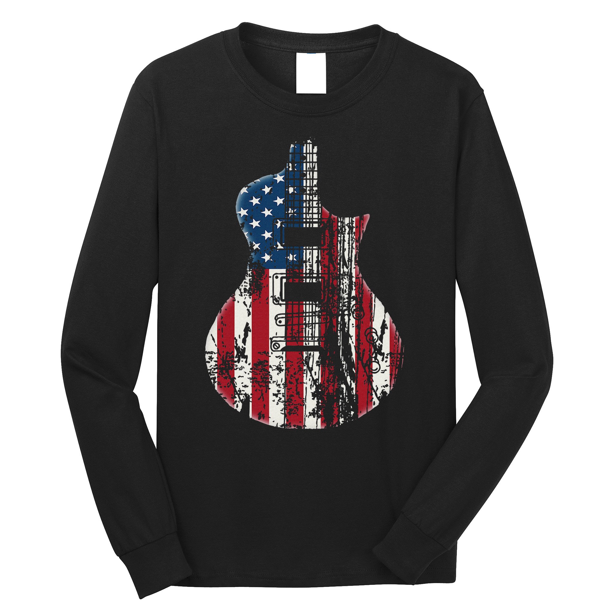 Us American Flag Guitar Musician Distressed Guitars Vintage Long Sleeve Shirt