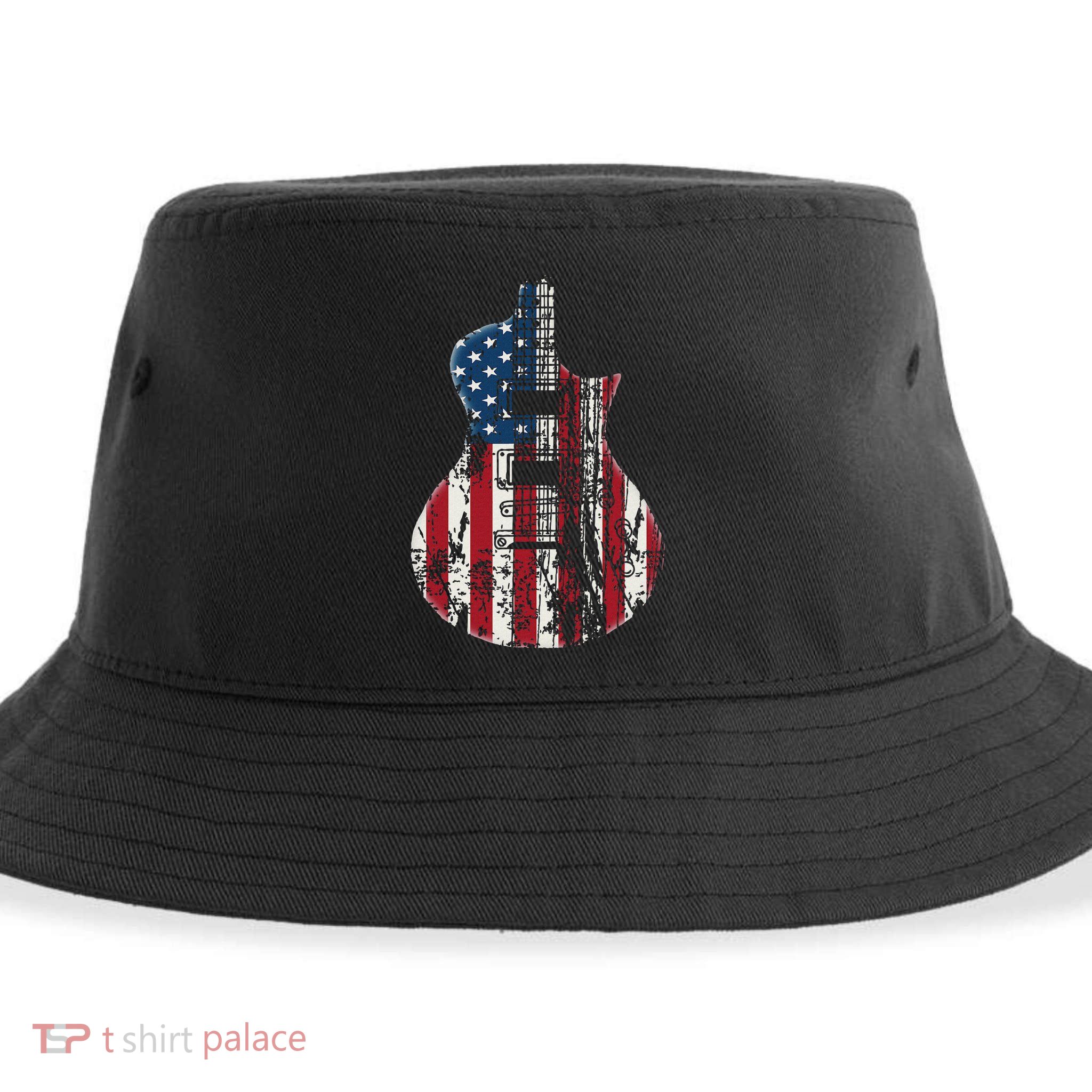 Us American Flag Guitar Musician Distressed Guitars Vintage Sustainable Bucket Hat