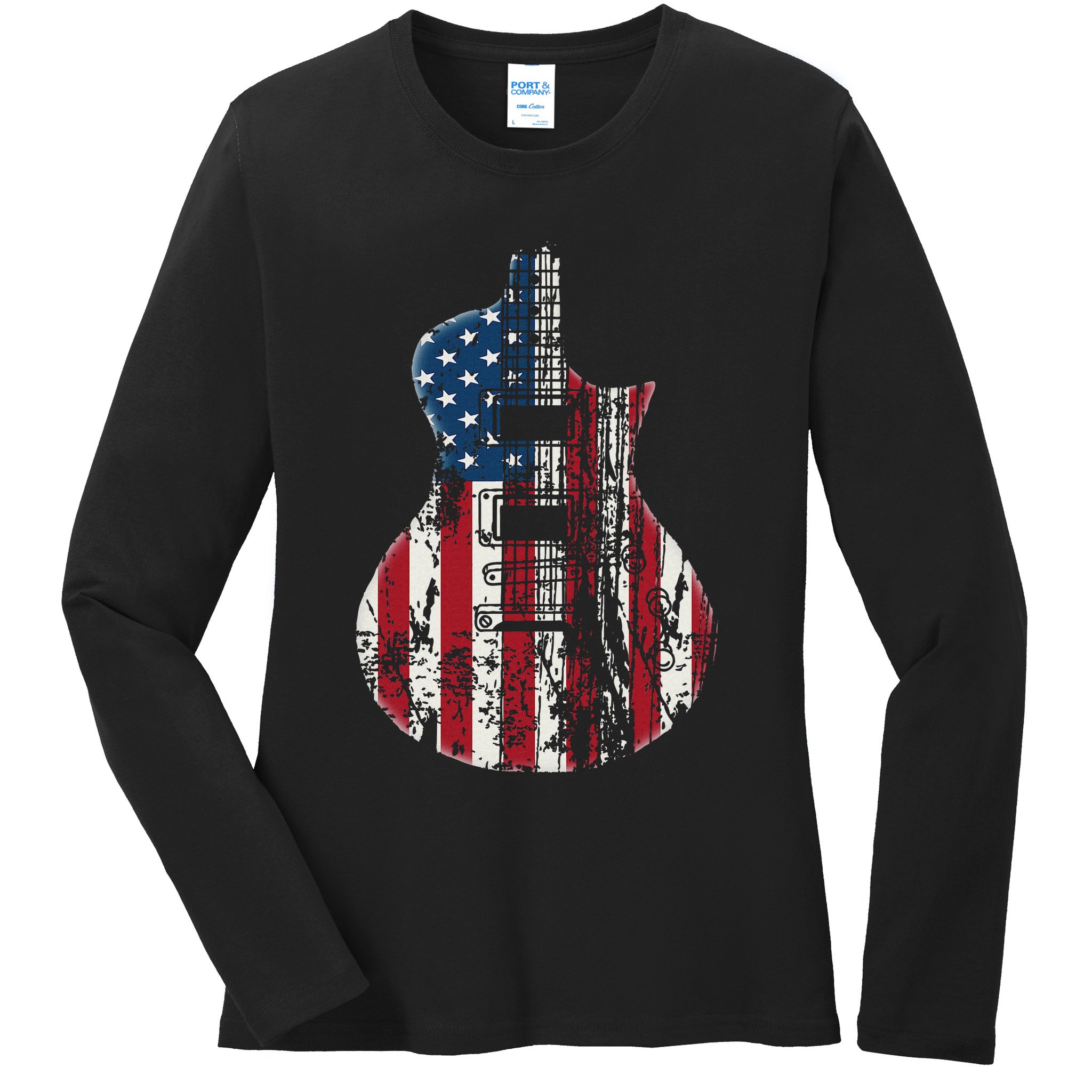 Us American Flag Guitar Musician Distressed Guitars Vintage Ladies Long Sleeve Shirt