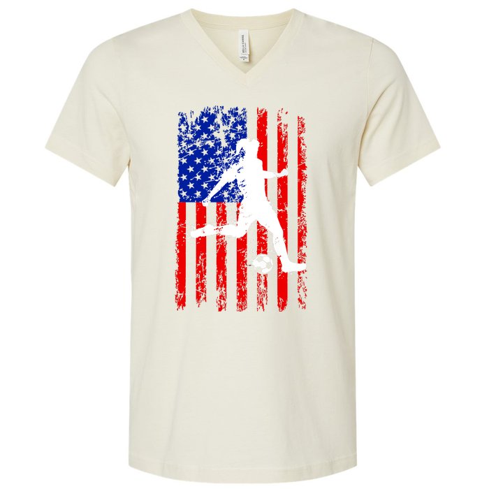 Usa American Flag Soccer For Girl Women V-Neck T-Shirt