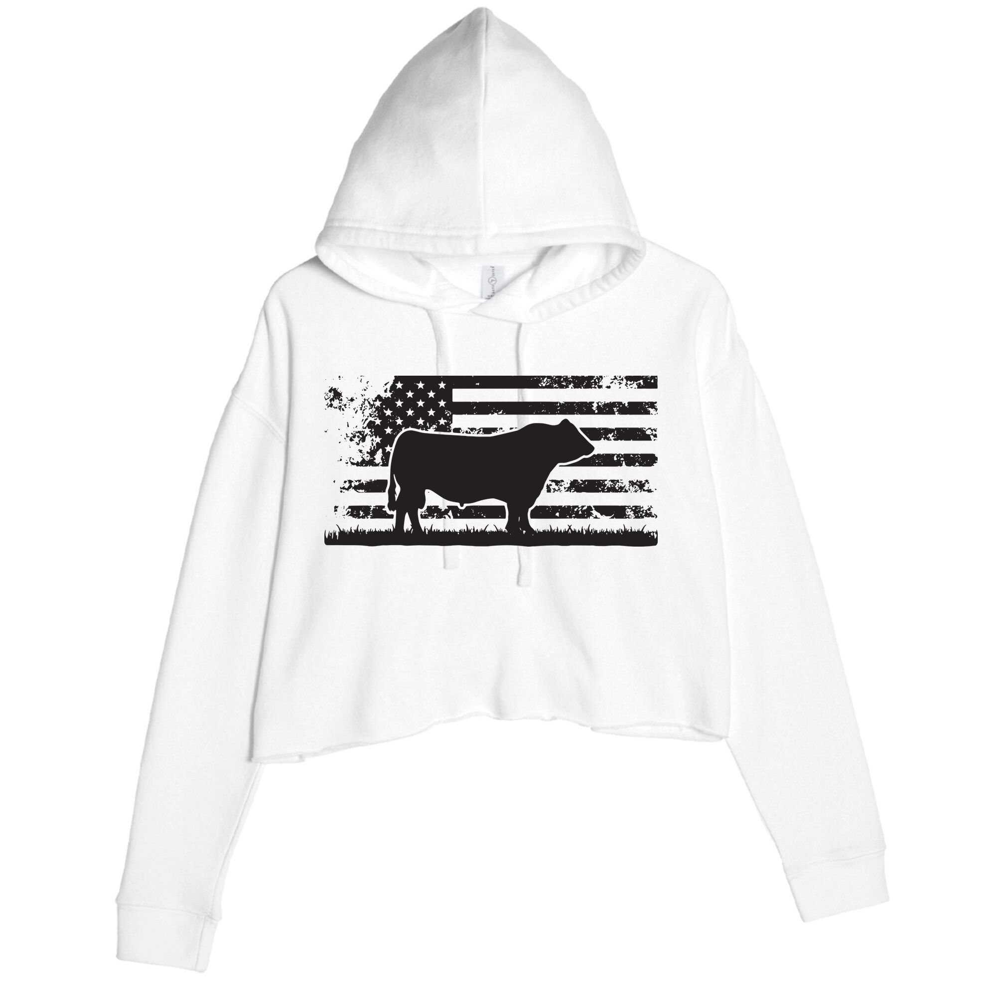 USA American Flag America Cow Black Angus Rancher Crop Fleece Hoodie