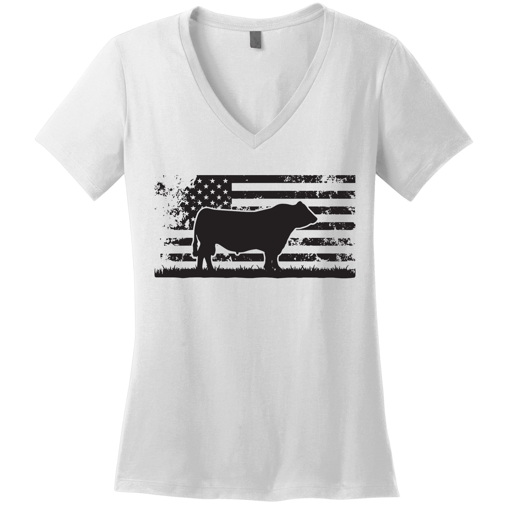 USA American Flag America Cow Black Angus Rancher Women's V-Neck T-Shirt