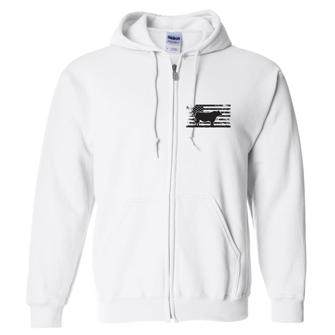 USA American Flag America Cow Black Angus Rancher Full Zip Hoodie