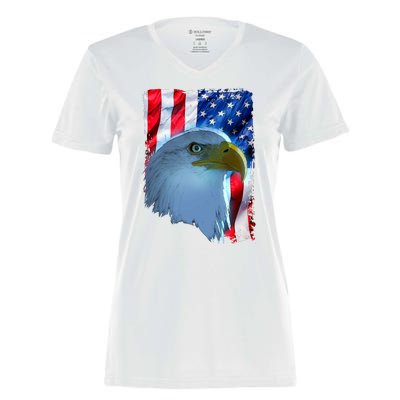 USA American Flag Eagle Distressed Style Women's Momentum V-Neck T-Shirt