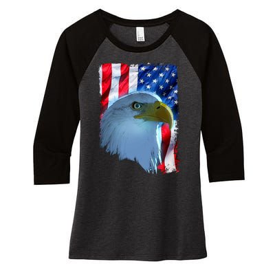 USA American Flag Eagle Distressed Style Women's Tri-Blend 3/4-Sleeve Raglan Shirt