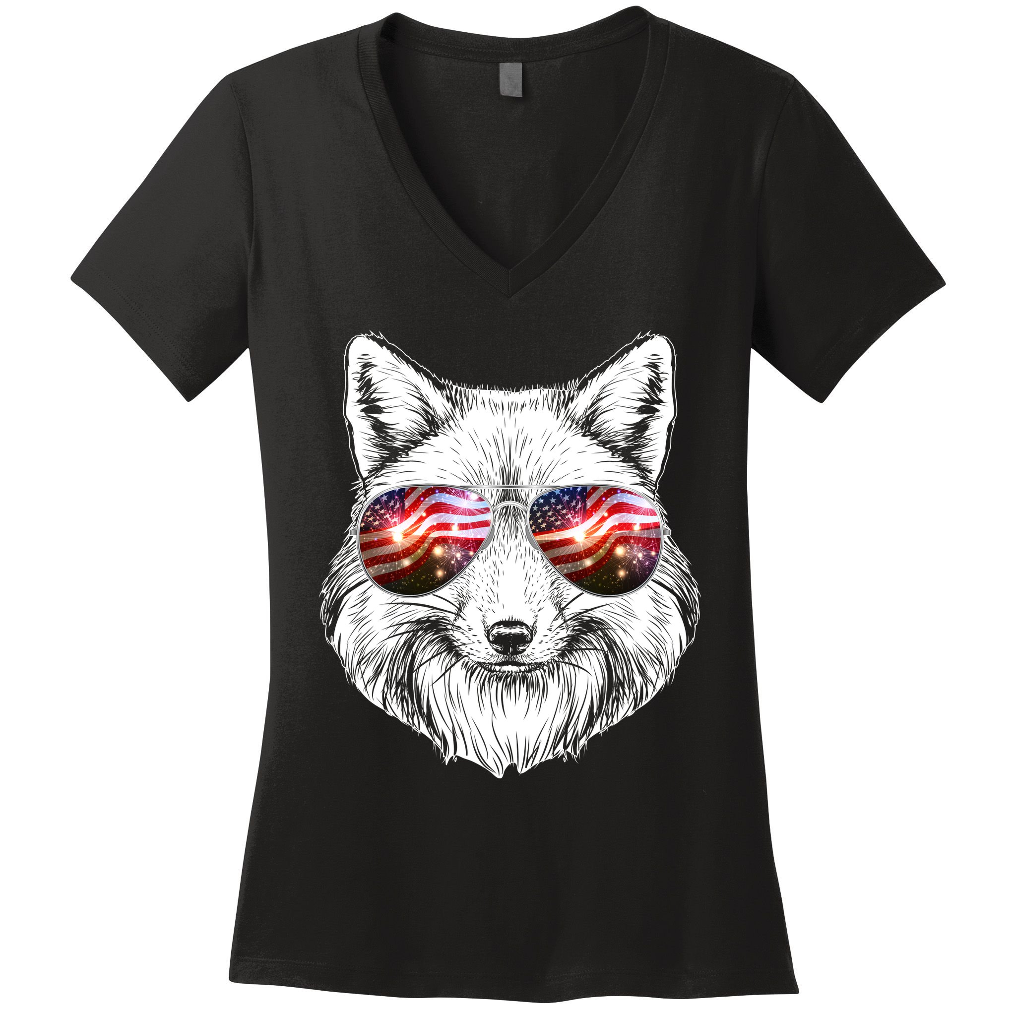 USA American Flag Fireworks Fox Women's V-Neck T-Shirt