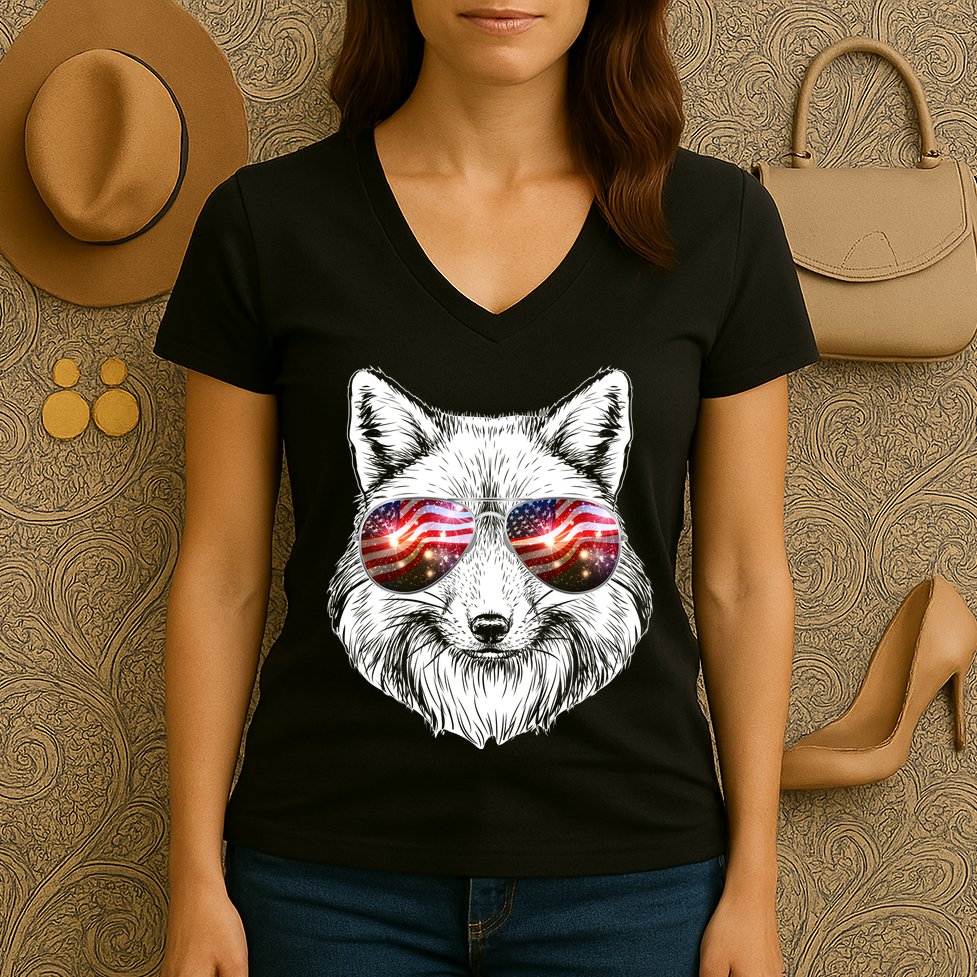USA American Flag Fireworks Fox Women's V-Neck T-Shirt