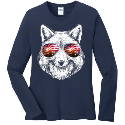 USA American Flag Fireworks Fox Ladies Long Sleeve Shirt