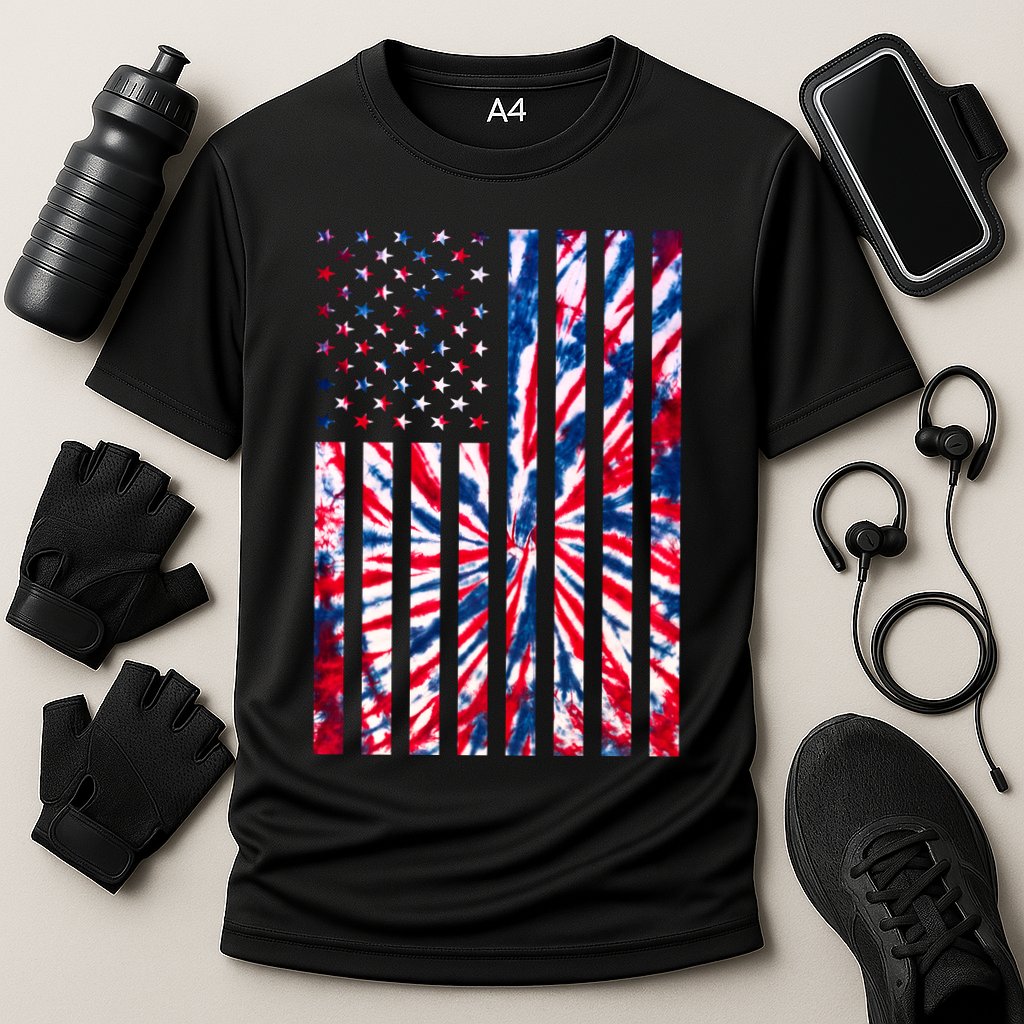 USA American Flag Red White Blue Tie Dye Cooling Performance Crew T-Shirt