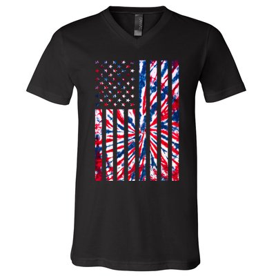 USA American Flag Red White Blue Tie Dye V-Neck T-Shirt