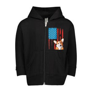 USA American Flag Patriotic Dog Corgi Toddler Zip Fleece Hoodie