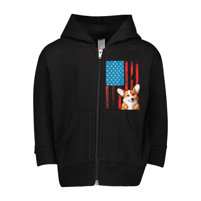 USA American Flag Patriotic Dog Corgi Toddler Zip Fleece Hoodie