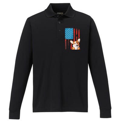 USA American Flag Patriotic Dog Corgi Performance Long Sleeve Polo