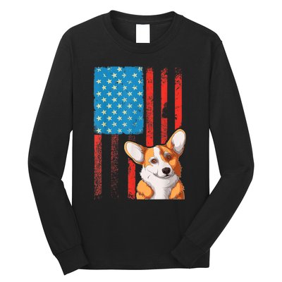 USA American Flag Patriotic Dog Corgi Long Sleeve Shirt