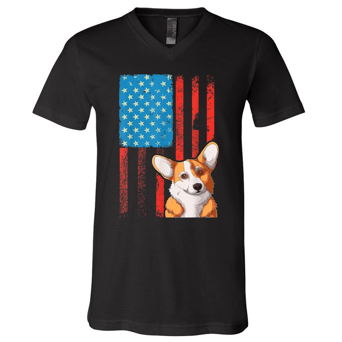 USA American Flag Patriotic Dog Corgi V-Neck T-Shirt