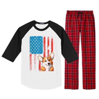 USA American Flag Patriotic Dog Corgi Raglan Sleeve Pajama Set