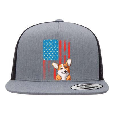 USA American Flag Patriotic Dog Corgi Flat Bill Trucker Hat