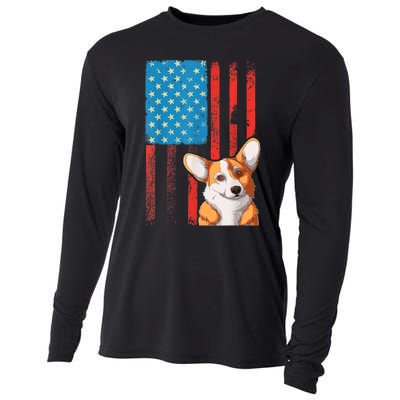 USA American Flag Patriotic Dog Corgi Cooling Performance Long Sleeve Crew