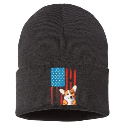 USA American Flag Patriotic Dog Corgi Sustainable Knit Beanie